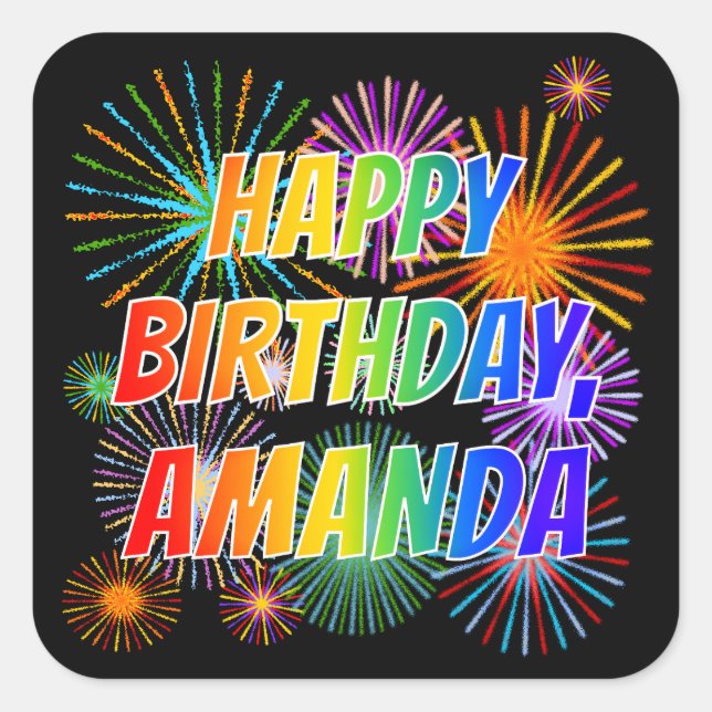 Adesivo Quadrado Primeiro nome "AMANDA", Diversão "FELIZ ANIVERSÁRI (Frente)