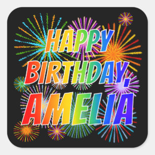 Adesivo Quadrado Primeiro nome "AMELIA", "FELIZ ANIVERSÁRIO"