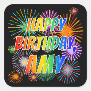 Adesivo Quadrado Primeiro nome "AMY", "FELIZ ANIVERSÁRIO"