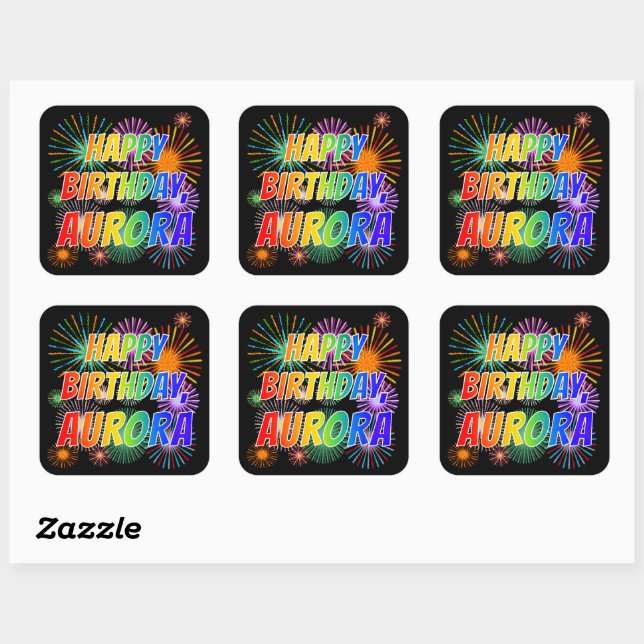 Adesivo Quadrado Primeiro nome "AURORA", Diversão "FELIZ ANIVERSÁRI (Folha)