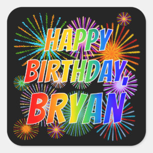 Adesivo Quadrado Primeiro nome "BRYAN", Diversão "FELIZ ANIVERSÁRIO