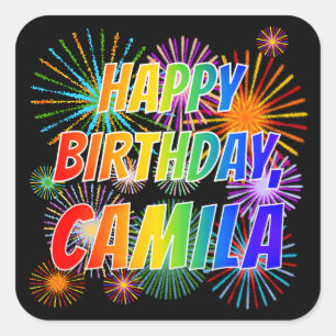 Adesivo Quadrado Primeiro nome "CAMILA", "FELIZ ANIVERSÁRIO"