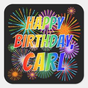 Adesivo Quadrado Primeiro nome "CARL", "FELIZ ANIVERSÁRIO"