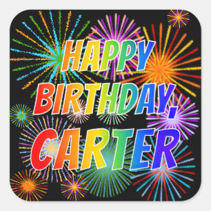 Adesivo Quadrado Primeiro nome "CARTER", Diversão "FELIZ ANIVERSÁRI