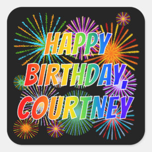 Adesivo Quadrado Primeiro nome "COURTNEY", "FELIZ ANIVERSÁRIO"