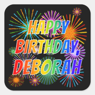 Adesivo Quadrado Primeiro nome "DEBORAH", Diversão "FELIZ ANIVERSÁR