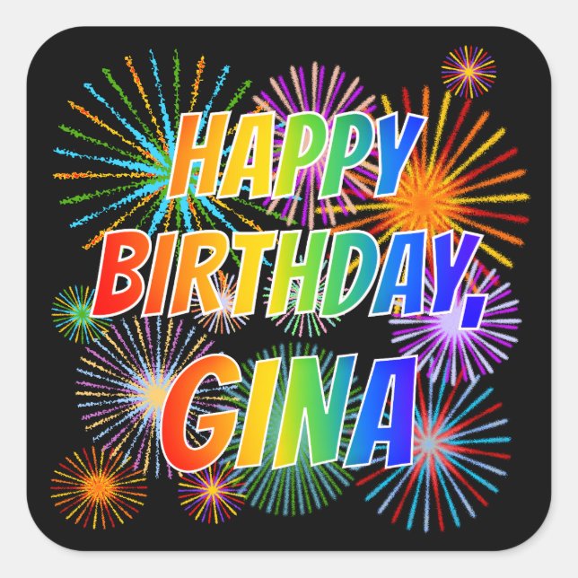Adesivo Quadrado Primeiro nome "GINA", Diversão "FELIZ ANIVERSÁRIO" (Frente)