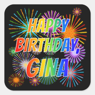 Adesivo Quadrado Primeiro nome "GINA", Diversão "FELIZ ANIVERSÁRIO"
