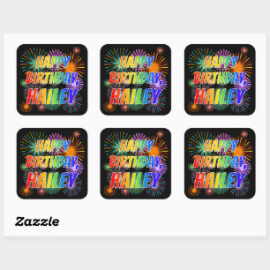 Adesivo Quadrado Primeiro nome "HAILEY", Diversão "FELIZ ANIVERSÁRI