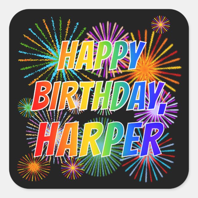 Adesivo Quadrado Primeiro nome "HARPER", Diversão "FELIZ ANIVERSÁRI (Frente)