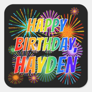 Adesivo Quadrado Primeiro nome "HAYDEN", Diversão "FELIZ ANIVERSÁRI