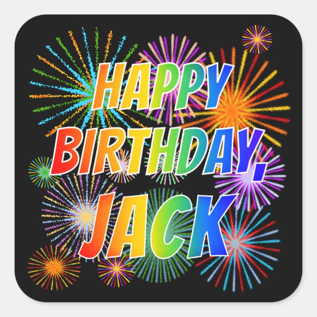 Adesivo Quadrado Primeiro nome "JACK", Diversão "FELIZ ANIVERSÁRIO" (Frente)