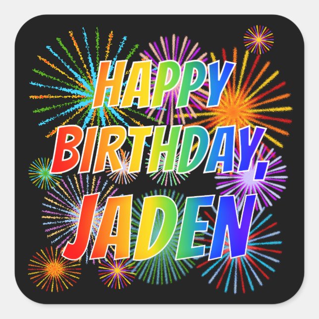 Adesivo Quadrado Primeiro nome "JADEN", Diversão "FELIZ ANIVERSÁRIO (Frente)