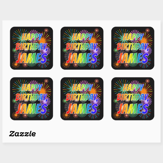 Adesivo Quadrado Primeiro nome "JAMES", Diversão "FELIZ ANIVERSÁRIO (Folha)