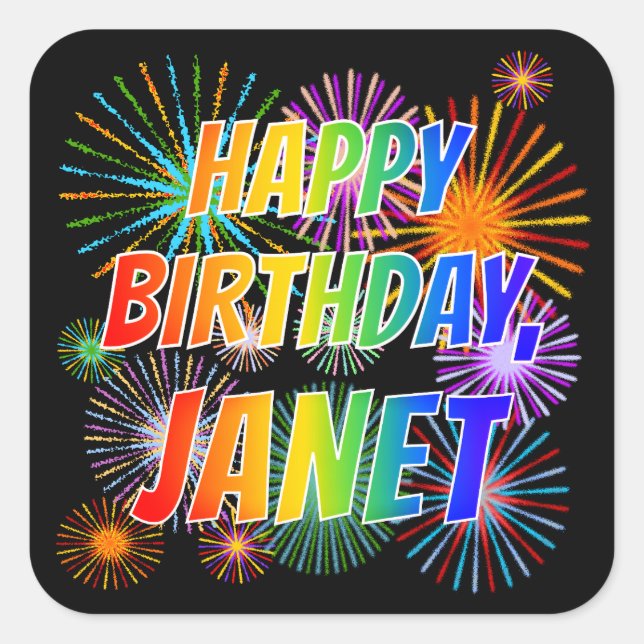 Adesivo Quadrado Primeiro nome "JANET", Diversão "FELIZ ANIVERSÁRIO (Frente)