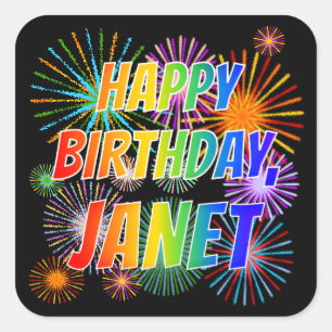Adesivo Quadrado Primeiro nome "JANET", Diversão "FELIZ ANIVERSÁRIO