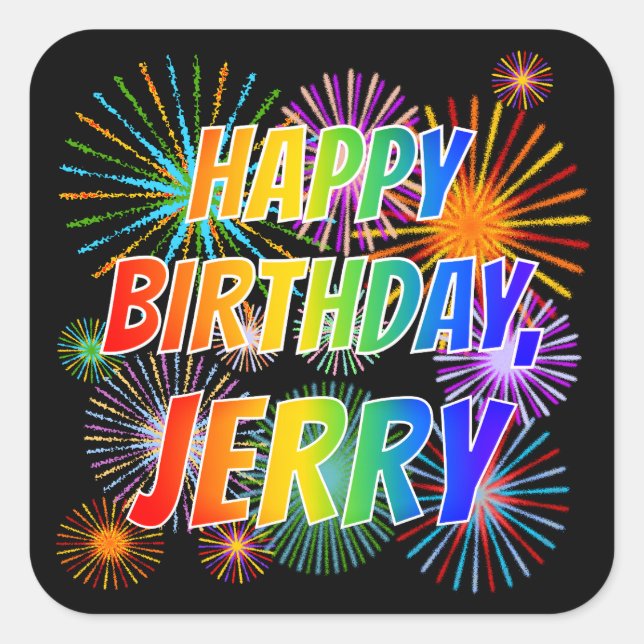 Adesivo Quadrado Primeiro nome "JERRY", Diversão "FELIZ ANIVERSÁRIO (Frente)