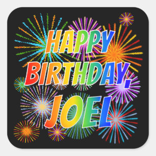 Adesivo Quadrado Primeiro nome "JOEL", Diversão "FELIZ ANIVERSÁRIO"
