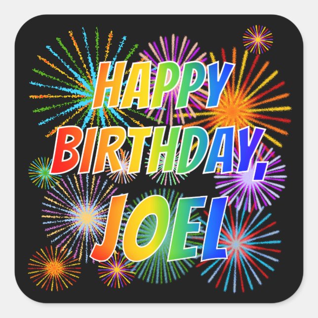 Adesivo Quadrado Primeiro nome "JOEL", Diversão "FELIZ ANIVERSÁRIO" (Frente)
