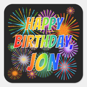 Adesivo Quadrado Primeiro nome "JON", Diversão "FELIZ ANIVERSÁRIO"