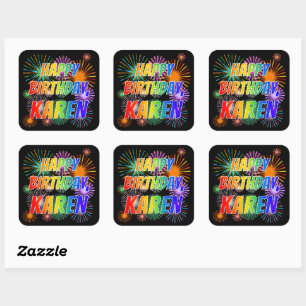 Adesivo Quadrado Primeiro nome "KAREN", "FELIZ ANIVERSÁRIO"