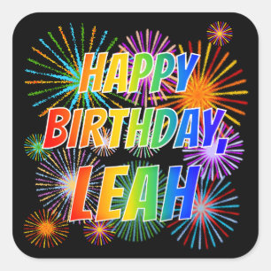 Adesivo Quadrado Primeiro nome "LEAH", Diversão "FELIZ ANIVERSÁRIO"