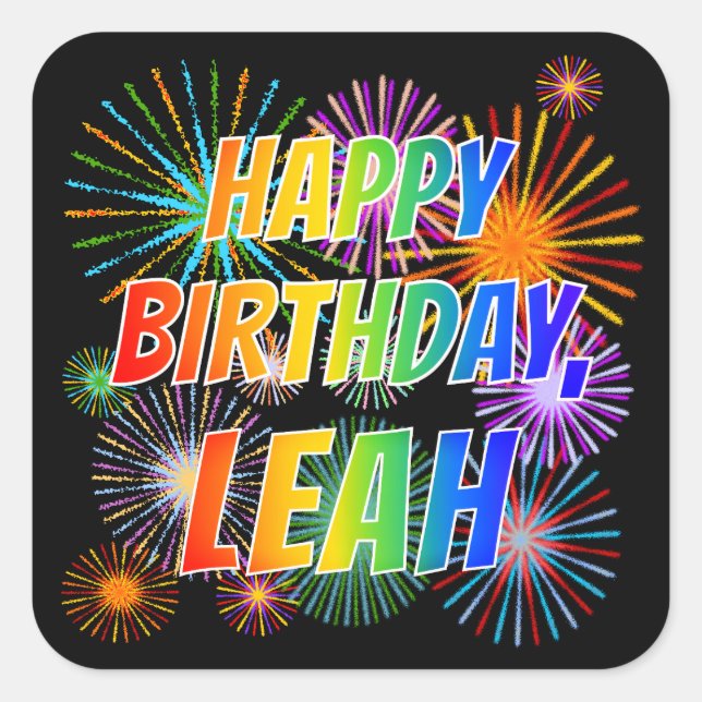 Adesivo Quadrado Primeiro nome "LEAH", Diversão "FELIZ ANIVERSÁRIO" (Frente)
