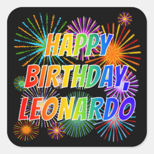 Adesivo Quadrado Primeiro nome "LEONARDO", "FELIZ ANIVERSÁRIO"