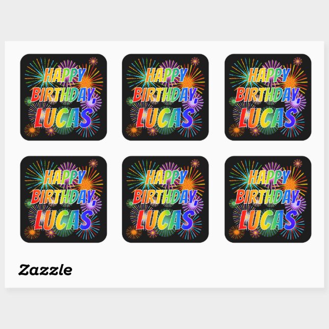 Adesivo Quadrado Primeiro nome "LUCAS", Diversão "FELIZ ANIVERSÁRIO (Folha)
