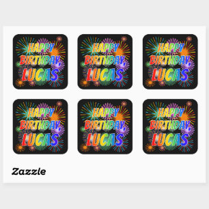 Adesivo Quadrado Primeiro nome "LUCAS", "FELIZ ANIVERSÁRIO"