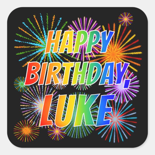 Adesivo Quadrado Primeiro nome "LUKE", Diversão "FELIZ ANIVERSÁRIO" (Frente)