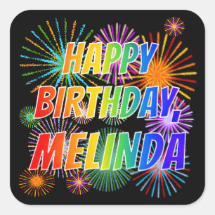 Adesivo Quadrado Primeiro nome "MELINDA", Diversão "FELIZ ANIVERSÁR