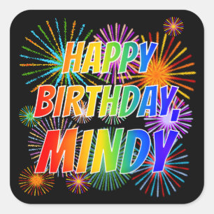 Adesivo Quadrado Primeiro nome "MINDY", "FELIZ ANIVERSÁRIO"
