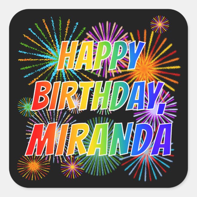 Adesivo Quadrado Primeiro nome "MIRANDA", Diversão "FELIZ ANIVERSÁR (Frente)