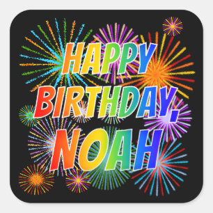 Adesivo Quadrado Primeiro nome "NOAH", Diversão "FELIZ ANIVERSÁRIO"
