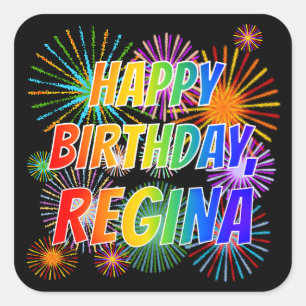 Adesivo Quadrado Primeiro nome "REGINA", "FELIZ ANIVERSÁRIO"