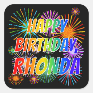 Adesivo Quadrado Primeiro nome "RHONDA", Diversão "FELIZ ANIVERSÁRI