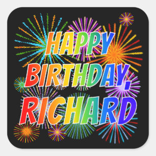 Adesivo Quadrado Primeiro nome "RICHARD", Diversão "FELIZ ANIVERSÁR