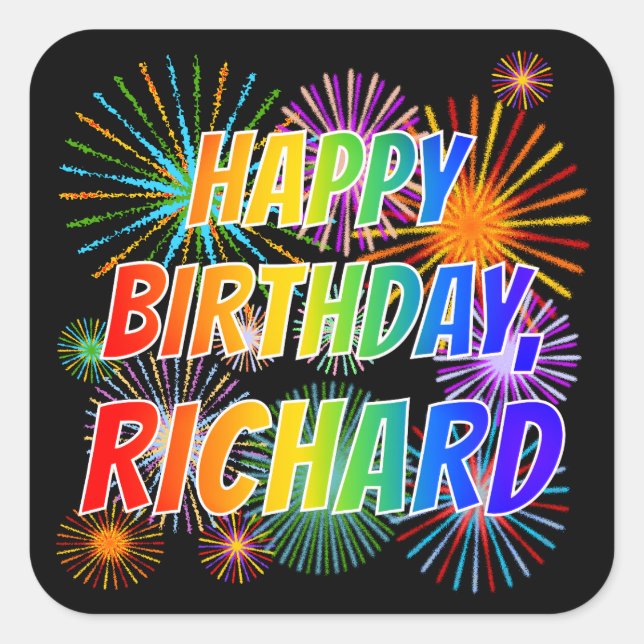 Adesivo Quadrado Primeiro nome "RICHARD", Diversão "FELIZ ANIVERSÁR (Frente)