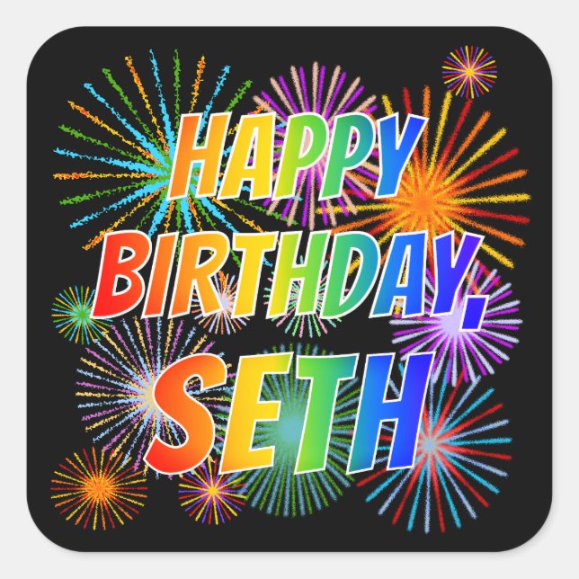 Adesivo Quadrado Primeiro nome "SETH", Diversão "FELIZ ANIVERSÁRIO" (Frente)