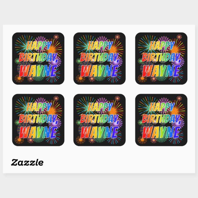 Adesivo Quadrado Primeiro Nome "WAYNE", Diversão "FELIZ ANIVERSÁRIO (Folha)