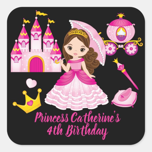 Adesivo Quadrado Princesa Aniversário Meninas Personalizadas Nome (Frente)