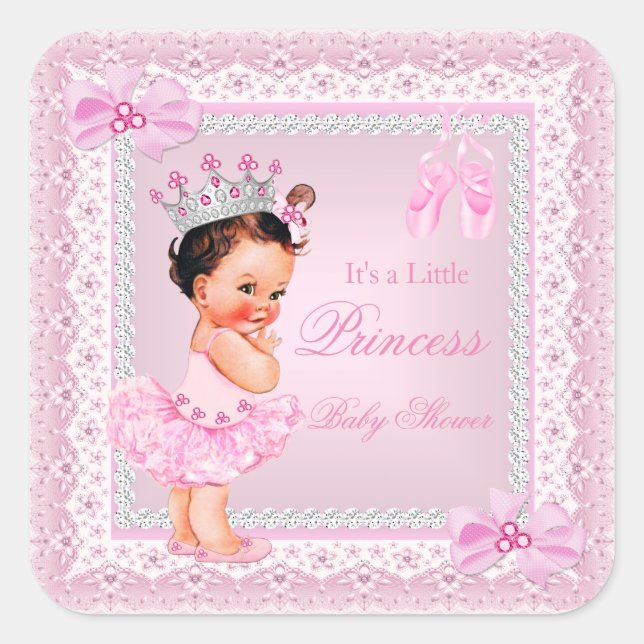 Adesivo Quadrado Princesa Chá de fraldas Rosa Ballerina Brunette (Frente)
