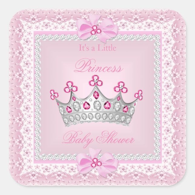 Adesivo Quadrado Princesa Chá de fraldas Rosa Gem Silver Tiara (Frente)