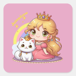 Adesivo Quadrado Princesa Cuta Personalizável com Gato Branco