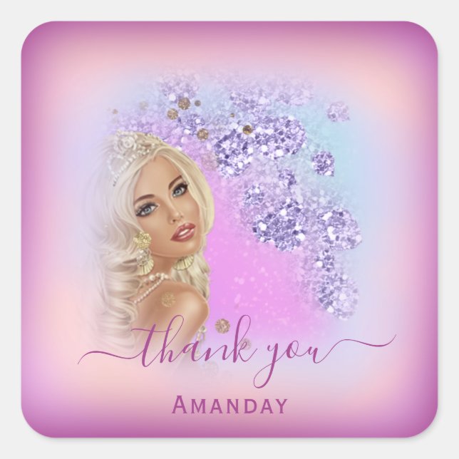 Adesivo Quadrado Princesa de 16 anos doce agradecimento glitter azu (Frente)