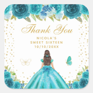 Adesivo Quadrado Princesa de Cabelo Castanho Floral Turquesa Sweet 