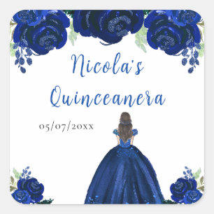 Adesivo Quadrado Princesa de Cabelo Castanho Quinceanera Floral Azu
