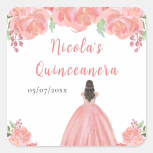 Adesivo Quadrado Princesa de Cabelo Castanho Quinceanera Floral Ros