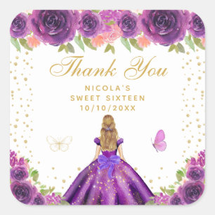 Adesivo Quadrado Princesa de Cabelo Loiro com Florais Roxos Sweet S